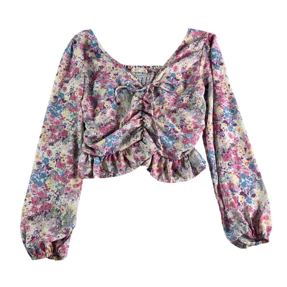 Peach Love Floral Womens S/M Crop Top Smocked Back Long Sleeve Sheer Blouse Boho